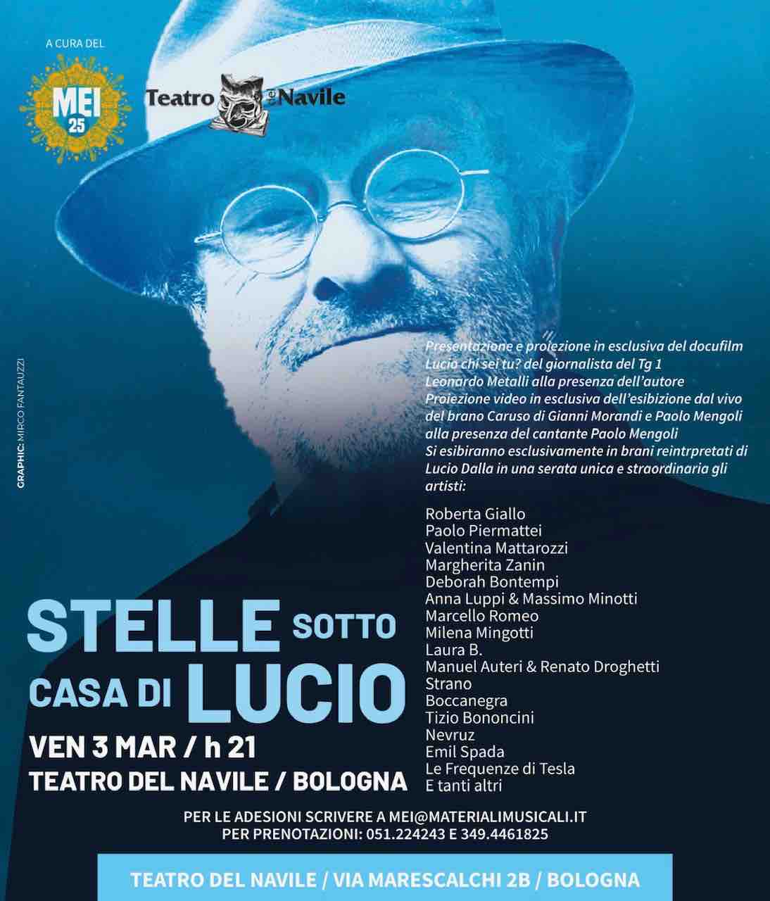 Venerdì 3 marzo Stelle sotto casa di Lucio al Teatro del Navile a Bologna, tanti artisti bolognesi uniti per Lucio Dalla