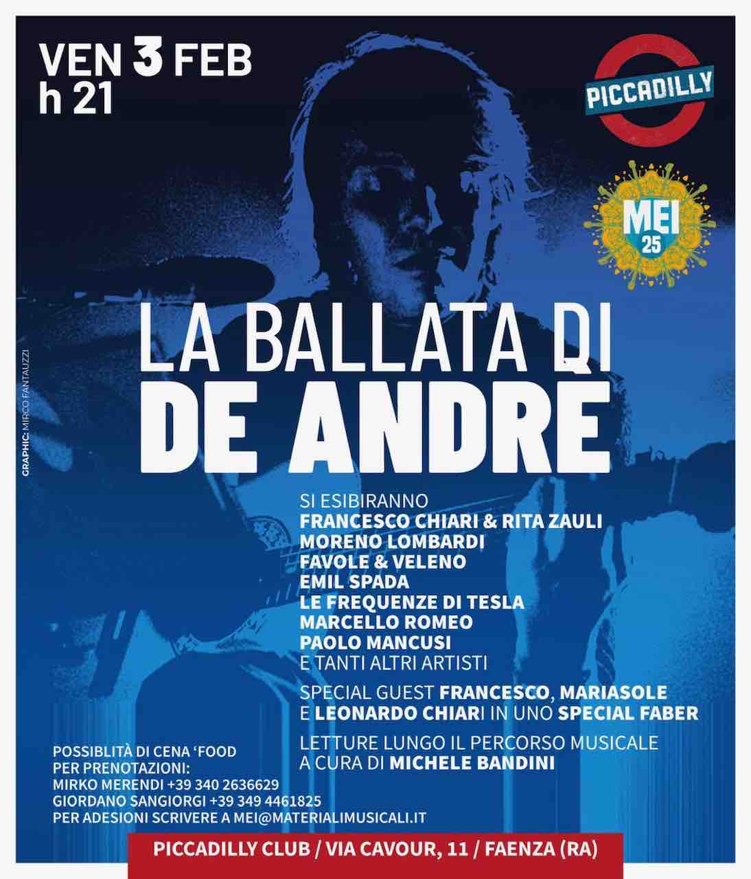 A Faenza il 3 febbraio La Ballata di De Andre’, omaggio al grande Faber a 23 anni dalla sua scomparsa, ecco un primo programma