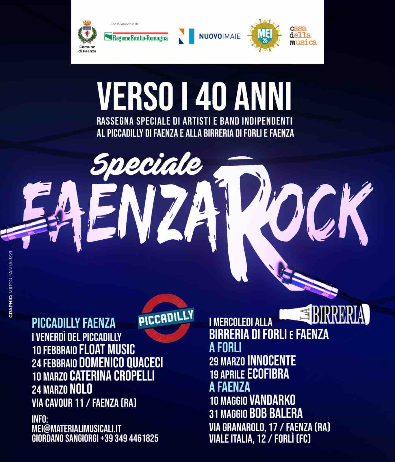 Nasce una nuova rassegna live a Faenza e Forli nei club di band emergenti nazionali verso i 40 anni di Faenza Rock, grazie al sostegno del Nuovo Imaie, organizza Materiali Musicali e Rumore di Fondo e tutti gli altri appuntamenti