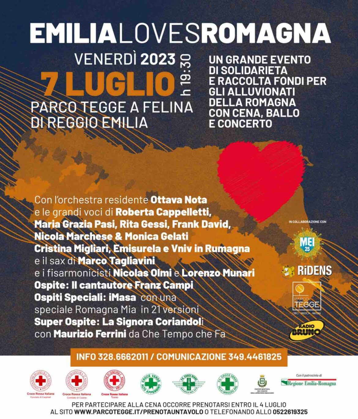 Nasce Emilia Loves Romagna , il grande evento di solidarieta’ per sostenere le popolazioni colpite dall’alluvione che si è abbattuta sul territorio romagnolo, che si terrà venerdì 7 luglio al Parco Tegge di Felina di Reggio Emilia
