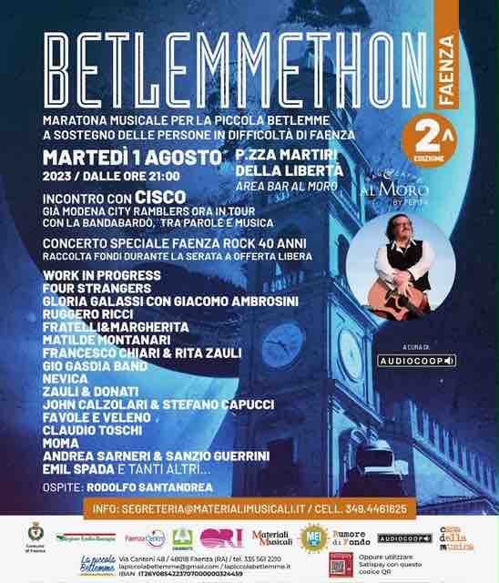 Domani in Piazza Martiri della Libertà (FAENZA) la 2ª edizione di BETLEMMETHON, la maratona musicale a cura del MEI in collaborazione con La Piccola Betlemme per raccogliere fondi a sostegno degli abitanti faentini. In concerto 18 artisti locali.