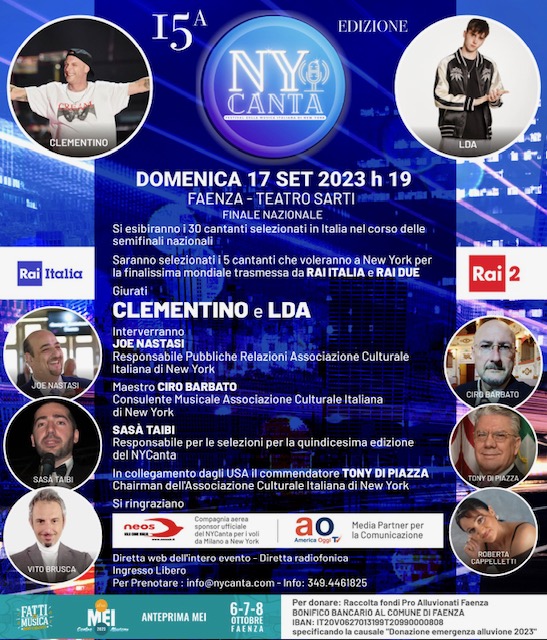 New York Canta: domenica 17 settembre finalissima con 35 artisti per 5 posti a New York , anteprima Mei 2023 al Teatro Sarti di Faenza, cantano Clementino e LDA