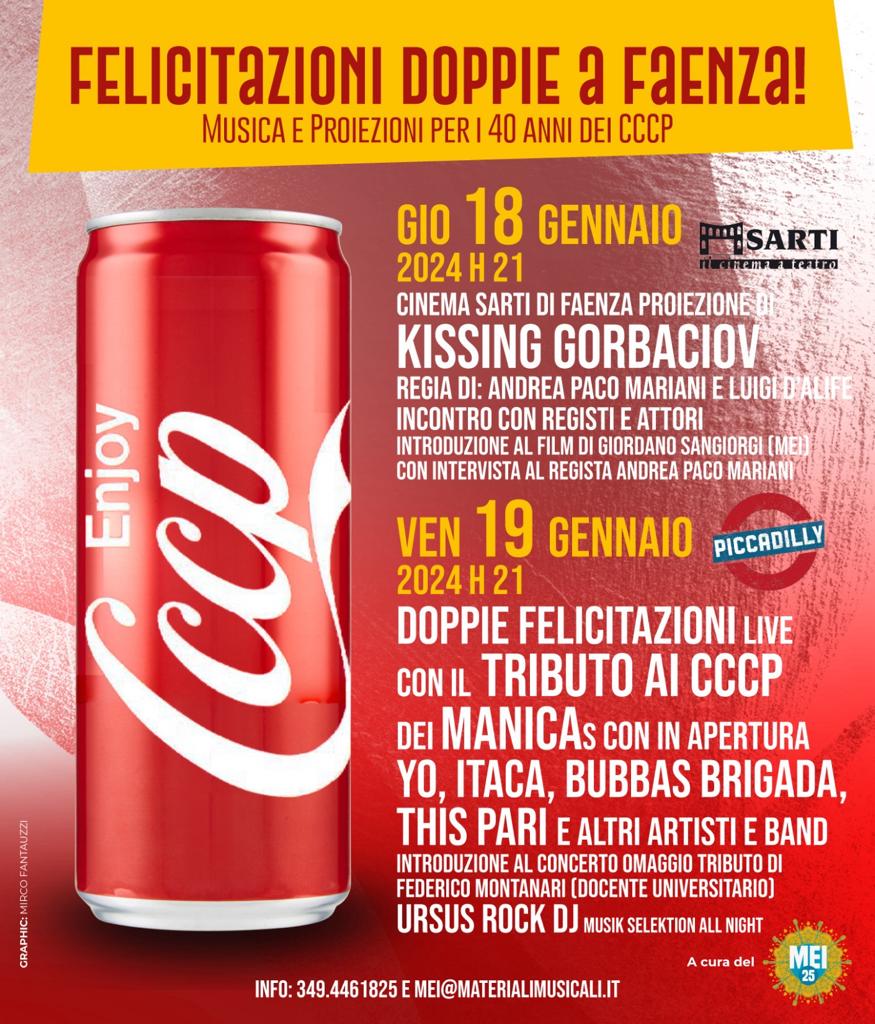 Arriva Kissing Gorbaciov il 18 gennaio al Cinema Sarti di Faenza, poi il 19 gennaio omaggio live ai Cccp al Piccadilly di Faenza