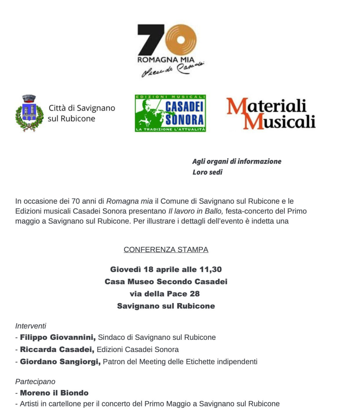 Conferenza Stampa Giovedì 18 Aprile alle 11.30 per la presentazione del concerto del 1 Maggio a SAVIGNANO SUL RUBICONE.