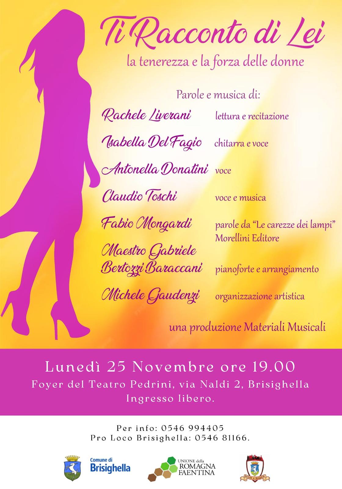 Musica, Teatro e Letteratura : domenica 24 e lunedì 25 novembre Ti racconto di lei, doppio appuntamento a Castel Bolognese e a Brisighella per la Giornata contro la Violenza sulle Donne