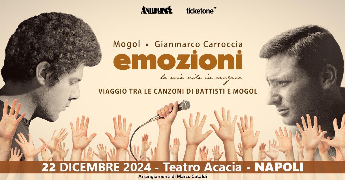 Domenica 22 dicembre al Teatro Acacia di NAPOLI arriva “EMOZIONI, La mia vita in canzone.”, il concerto narrato di GIANMARCO CARROCCIA e MOGOL per raccontare LUCIO BATTISTI.