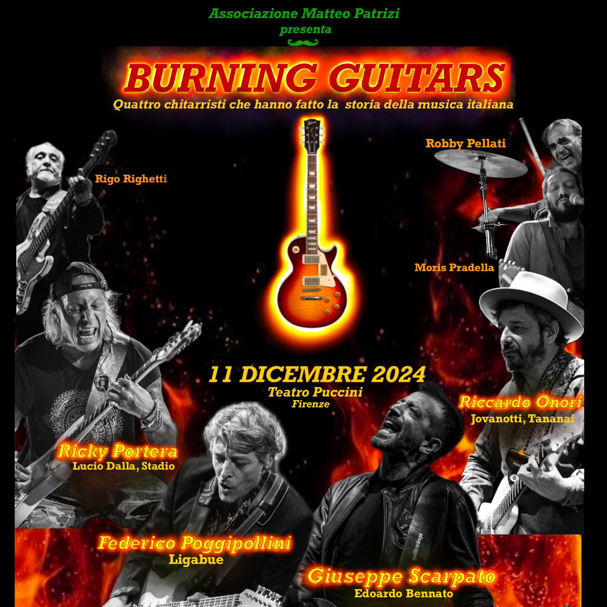 BURNING GUITARS, mer 11/12 Teatro Puccini Firenze – Con RICKY PORTERA, FEDERICO POGGIPOLLINI, RICCARDO ONORI, GIUSEPPE SCARPATO