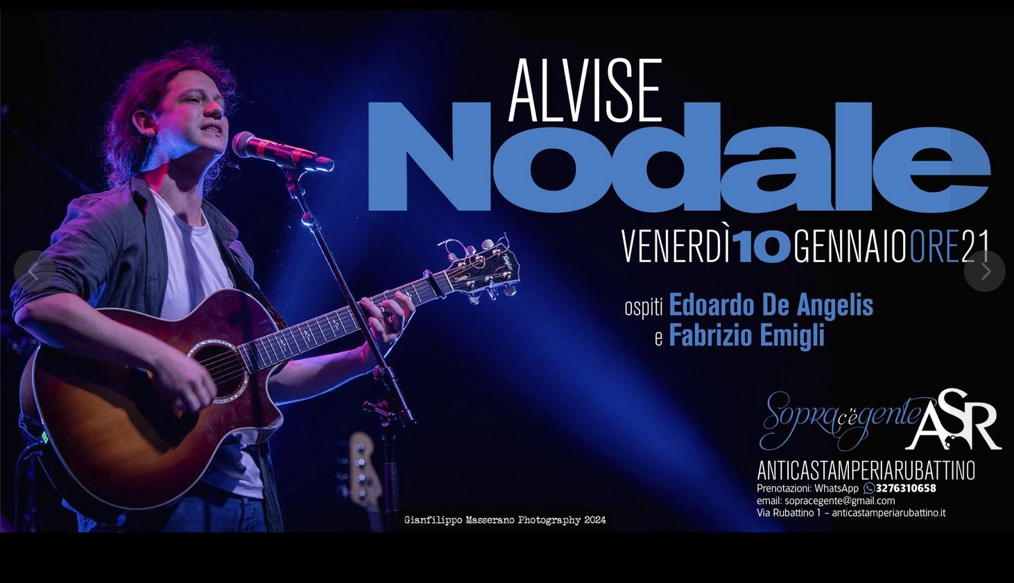 ROMA – ALVISE NODALE IN CONCERTO VENERDI’ 10 GENNAIO 2025 ALL’ANTICA STAMPERIA RUBATTINO. OSPITI DE ANGELIS, EMIGLI E COCEANCIG