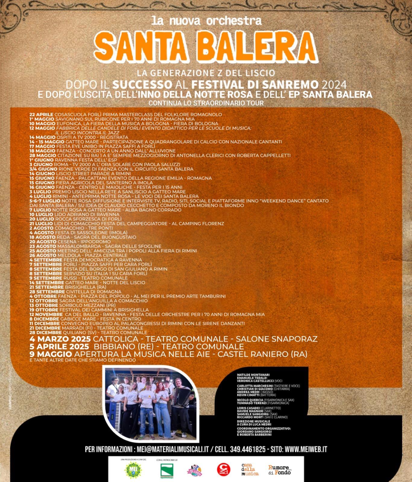 Tornano in tour i Santa Balera, ecco le prossime tre date di grande rilievo , il 4 marzo a Cattolica, da oggi in edicola un servizio con intervista sul settimanale sulla Gen Z del Liscio, al via nuove collaborazioni, apre il cantautore Cristian Albani