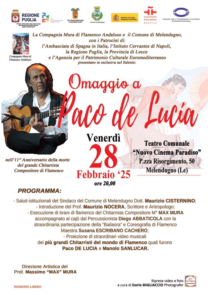 IN ESCLUSIVA NEL SALENTO “OMAGGIO A PACO DE LUCIA” venerdì 28 febbraio 2025 al TEATRO COMUNALE “NUOVO CINEMA PARADISO” di MELENDUGNO (LE)
