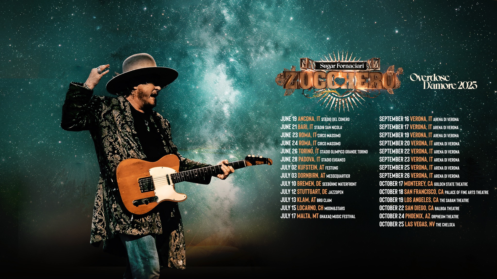 ZUCCHERO “SUGAR” FORNACIARI: a settembre il grande ritorno all’ARENA DI VERONA, dal 16 al 26 con una nuova data il 28 settembre, per un’OVERDOSE D’AMORE con la sua super band e i suoi più grandi successi
