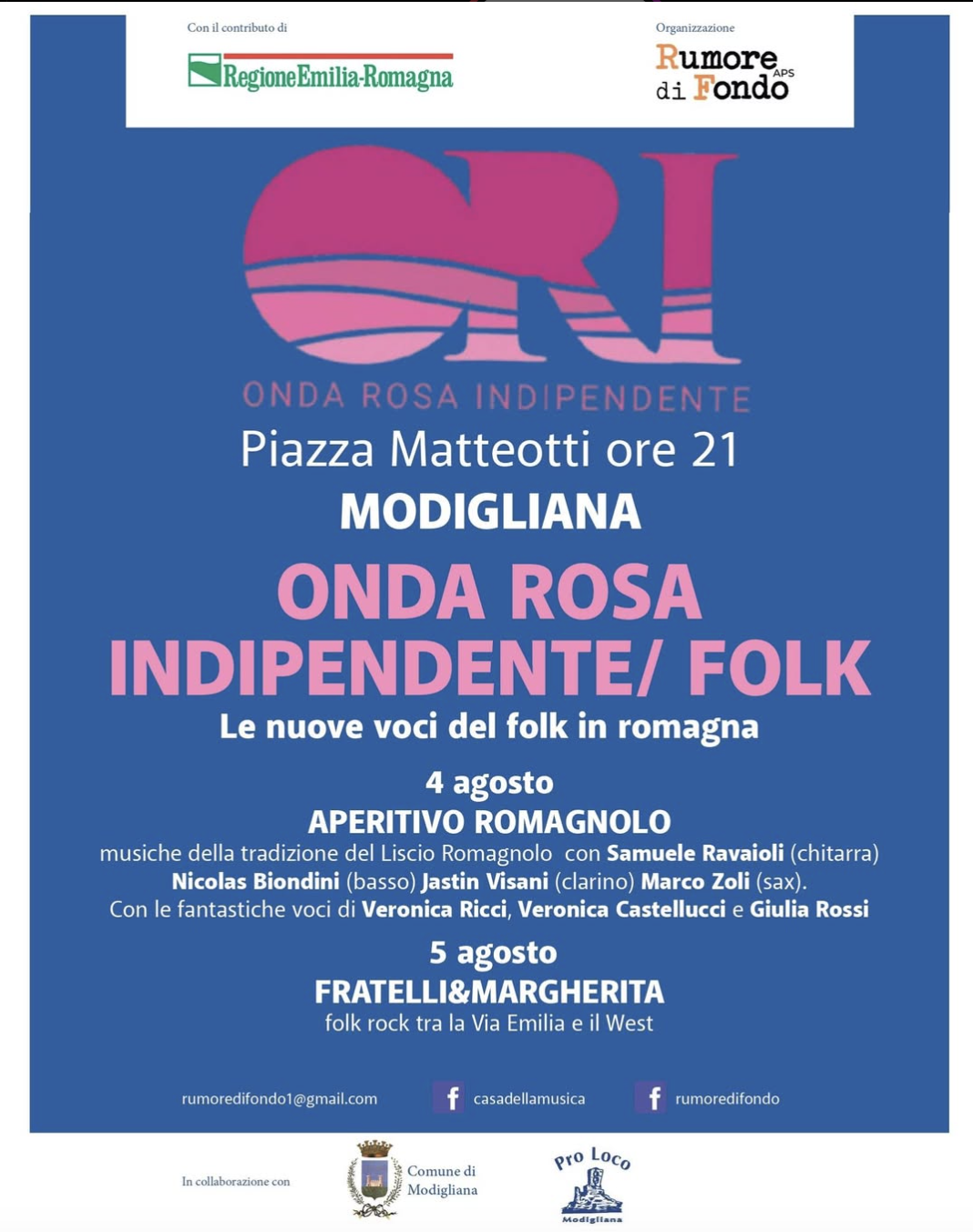 A MODIGLIANA IL 4 E 5 AGOSTO ONDA ROSA INDIPENDENTE FOLK CON LE VOCI DI VERONICA RICCI, GIULIA ROSSI E VERONICA CASTELLUCCI ACCOMPAGNATI DALLA CASA DELLA MUSICA FOLK E I FRATELLI & MARGHERITA