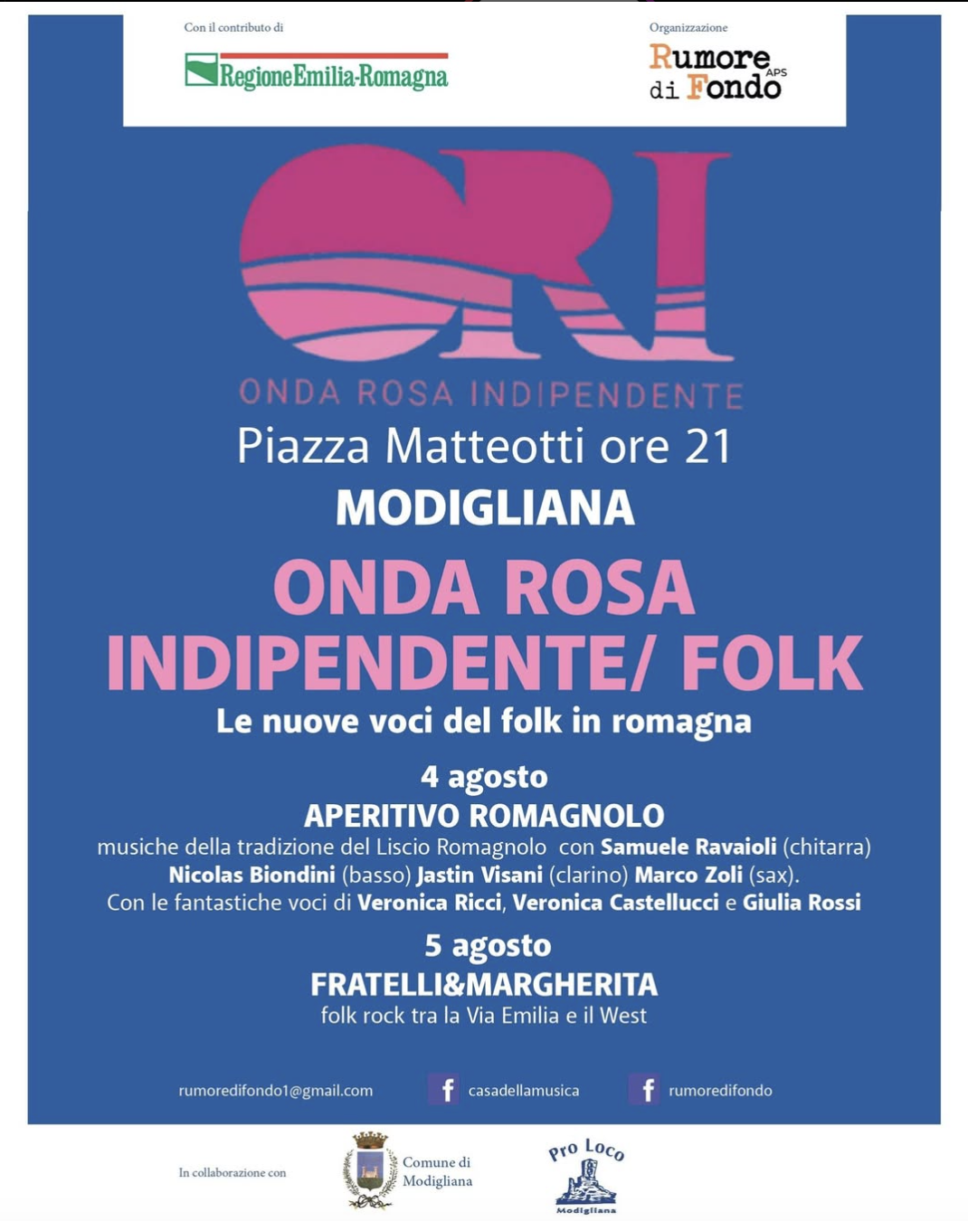 A MODIGLIANA IL 4 E 5 AGOSTO ONDA ROSA INDIPENDENTE FOLK CON LE VOCI DI VERONICA RICCI, GIULIA ROSSI E VERONICA CASTELLUCCI ACCOMPAGNATI DALL’APERITIVO ROMAGNOLO E I FRATELLI & MARGHERITA
