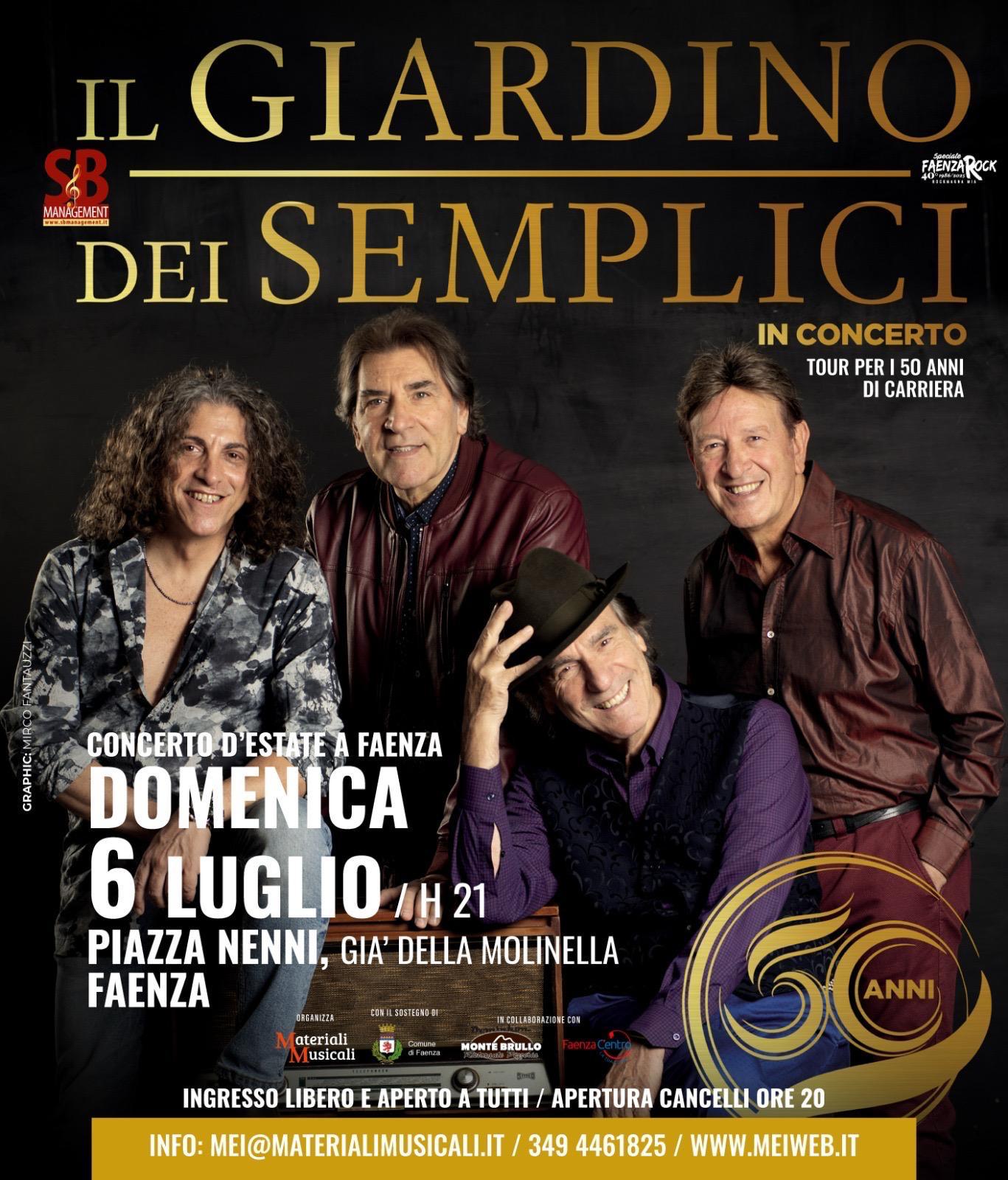 Grande Concerto d’Estate a Faenza il 6 luglio in Piazza Nenni con il Giardino dei Semplici per i 50 anni di Carriera