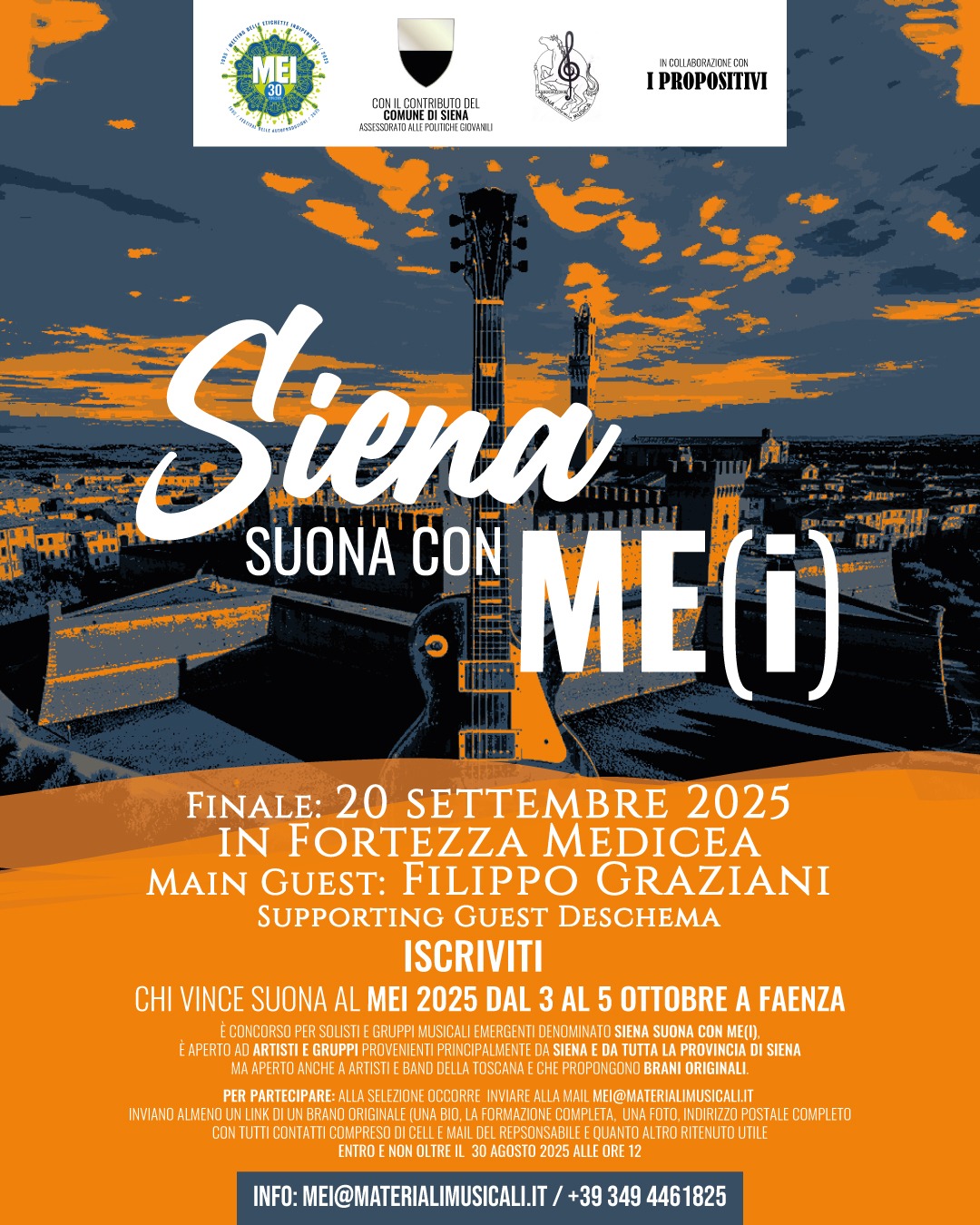 SIENA SUONA CON ME(I): ECCO LE SEI BAND FINALISTE, FINALISSIMA IL 20 SETTEMBRE A SIENA CON OSPITI FILIPPO GRAZIANI E I DESCHEMA