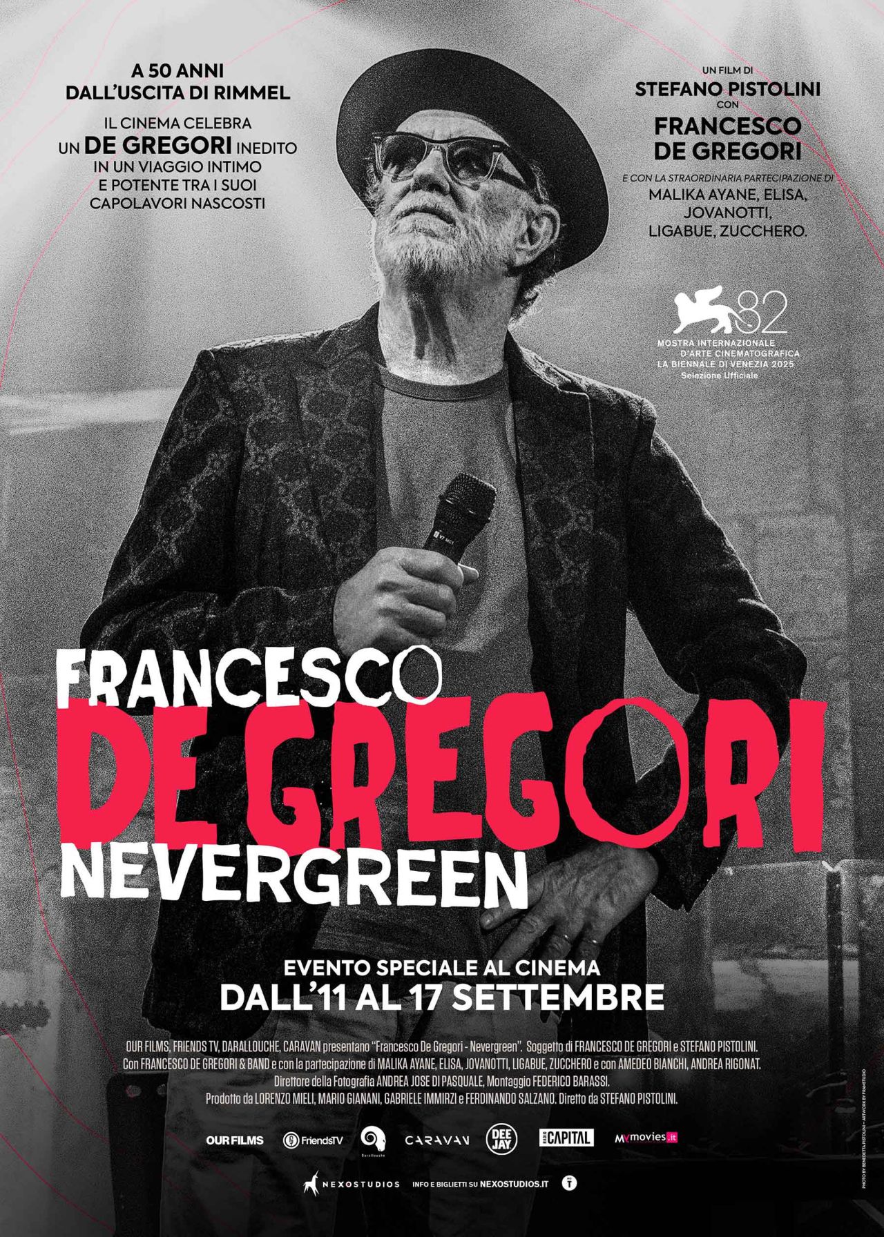 FRANCESCO DE GREGORI: da domani al cinema il film “NEVERGREEN” di Stefano Pistolini, il 19 settembre esce la riedizione di “RIMMEL”, il 15 settembre in concerto alla Reggia di Caserta e il 25 settembre all’Arena di Verona