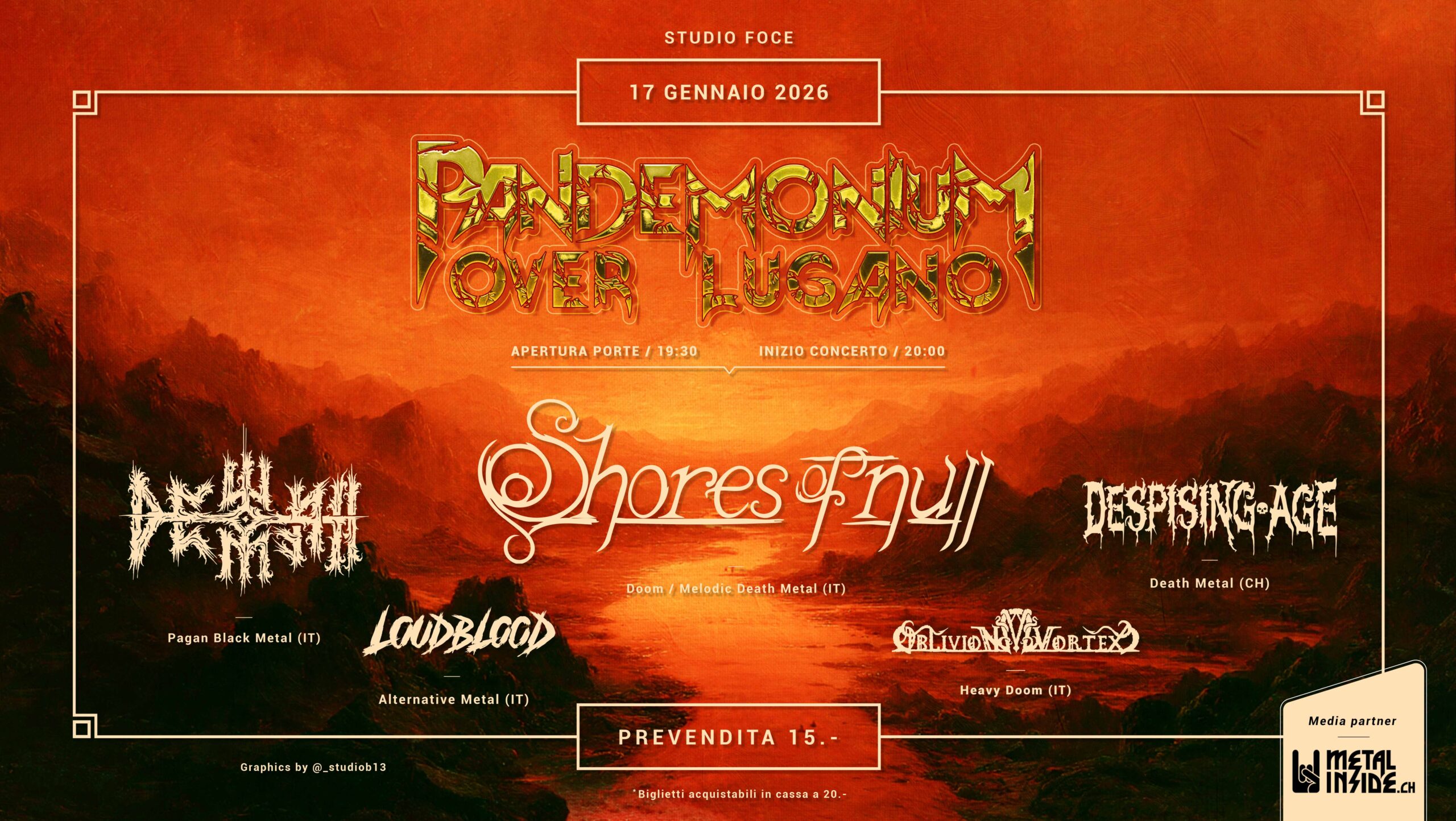 PANDEMONIUM OVER LUGANO II: SHORES OF NULL, DEWFALL and guests live il 17 gennaio 2026 @ Studio Foce
