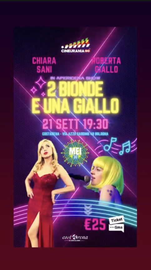 Due bionde e una Giallo In apericena show! Domenica 21 settembre dalle ore 19,30 a Costarena