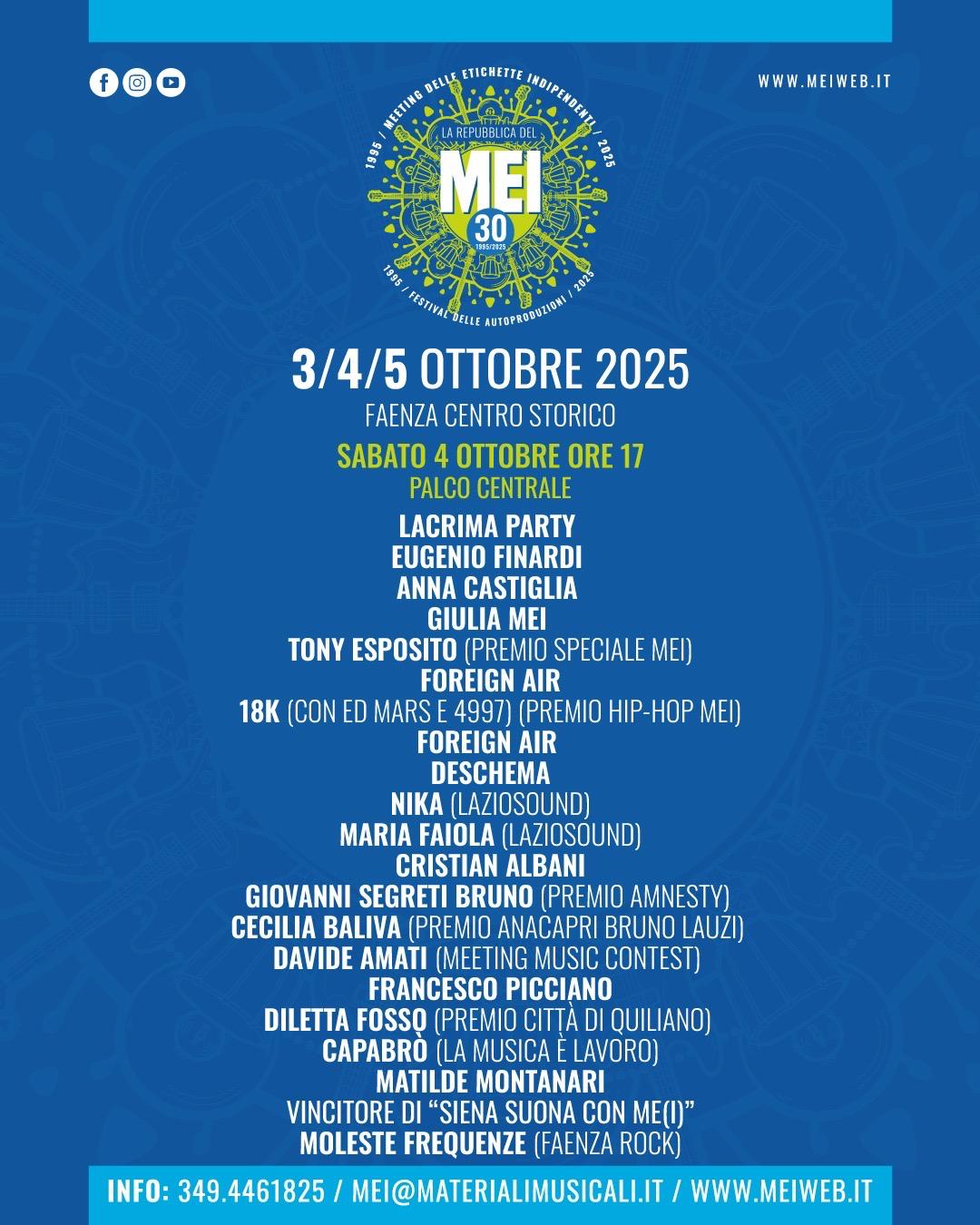 MEI 2025 – Sabato 4 ottobre: tutti gli appuntamenti sui palchi di Faenza