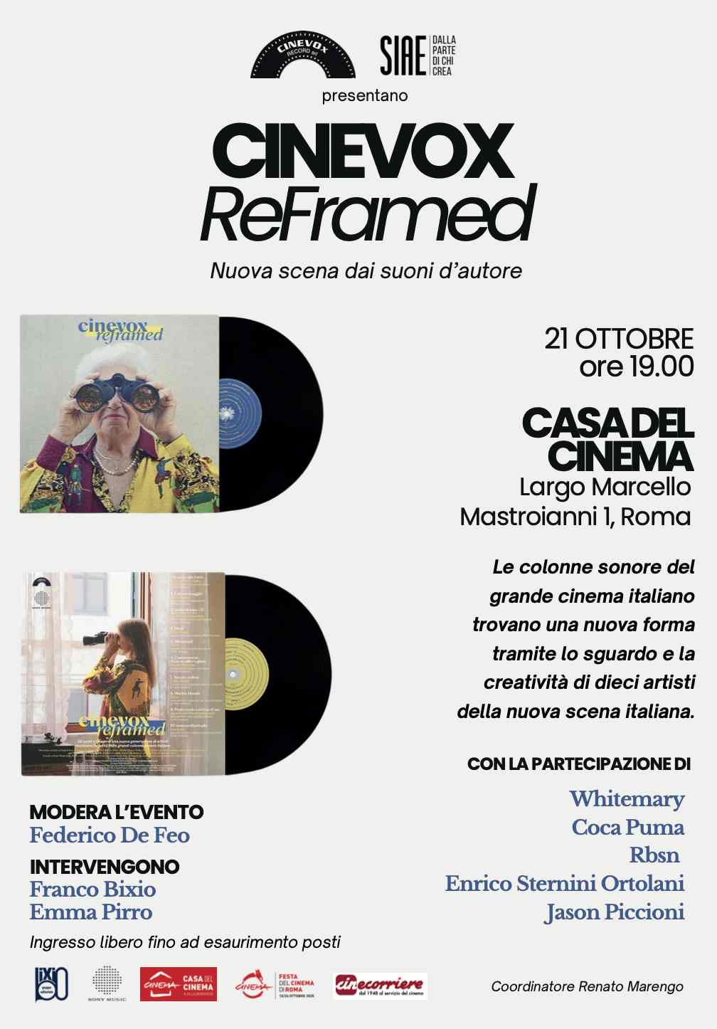 COVER CINEVOX ReFramed – La nuova scena dai suoni d’autore –  Casa del Cinema – Largo Marcello Mastroianni 1, Roma il 21 ottobre – ore 19.00. Ingresso libero fino ad esaurimento posti