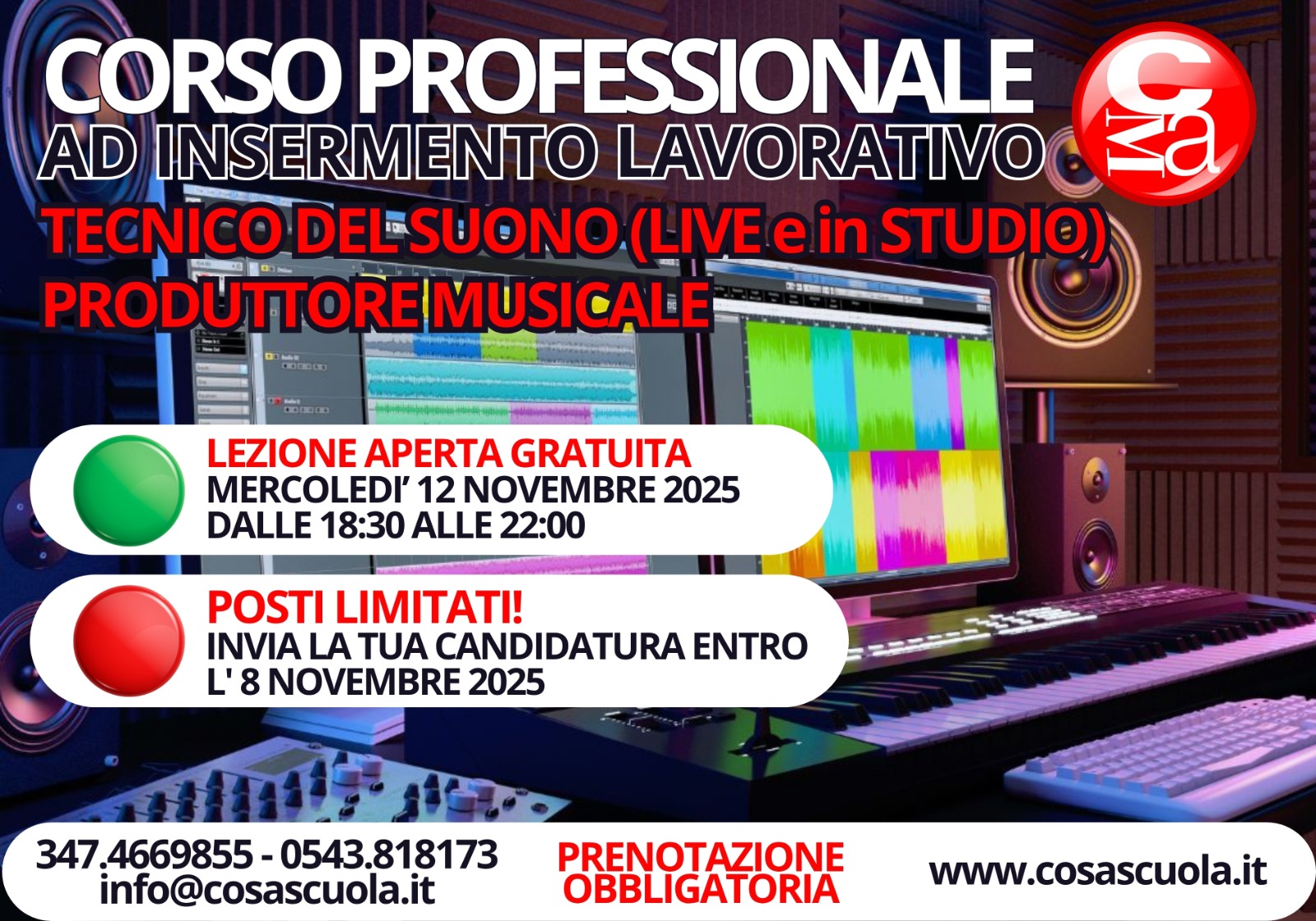 Diventa Tecnico del Suono e Producer! Uno dei pochissimi corsi in Italia che forma veri professionisti del settore audio — dallo studio di registrazione ai live — con un obiettivo preciso: trasformare la passione in un lavoro concreto.