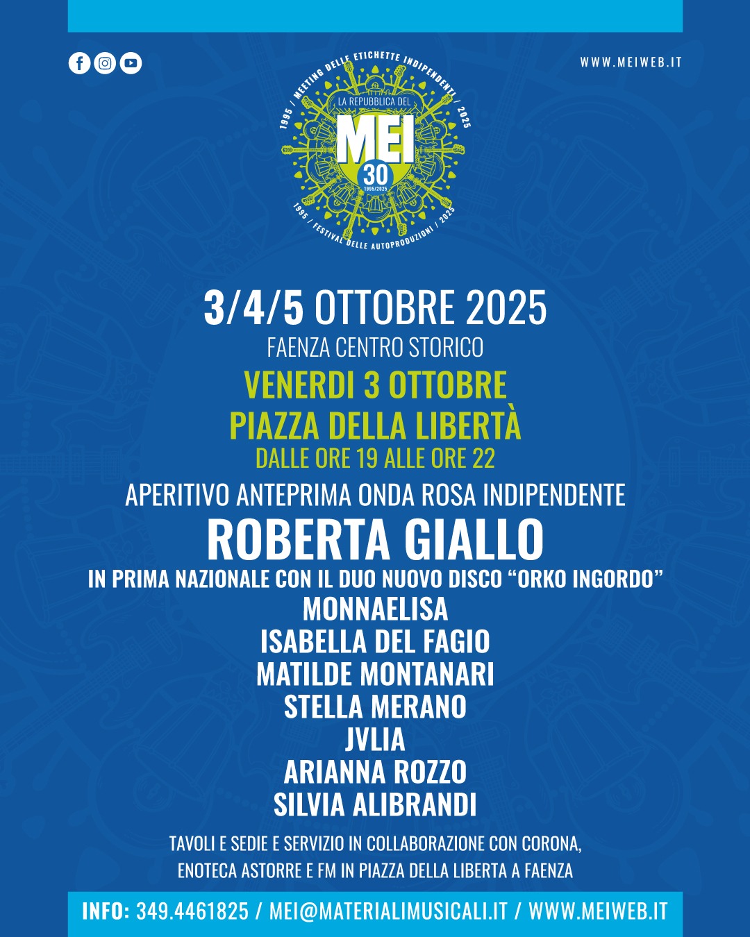 Domani, venerdì 3 ottobre, inizia la 30° edizione del MEI – Meeting delle Etichette Indipendenti. ROBERTA GIALLO presenterà il nuovo disco“ Orko Ingordo” e ci sarà l’anteprima di ONDA ROSA INDIPENDENTE