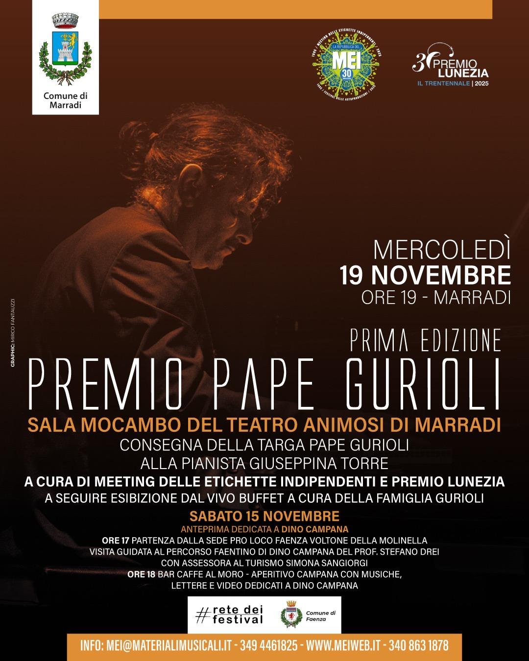 PREMIO PAPE GURIOLI – PRIMA EDIZIONE Mercoledì 19 novembre a Marradi la consegna della targa e il concerto-evento