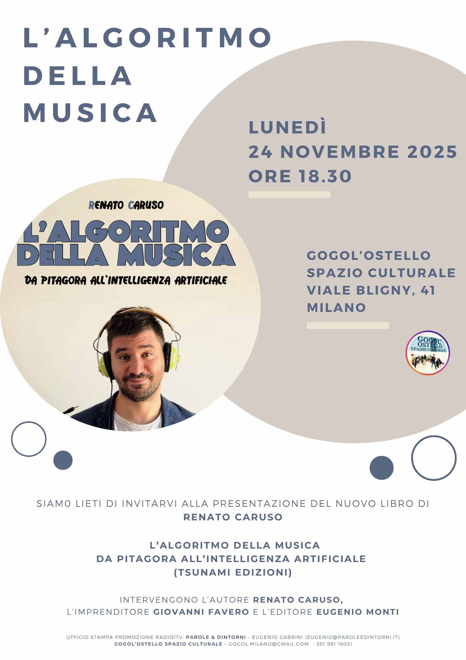 Lunedì 24 novembre a Milano, presentazione del libro “L’ALGORITMO DELLA MUSICA – Da Pitagora all’Intelligenza Artificiale” di RENATO CARUSO