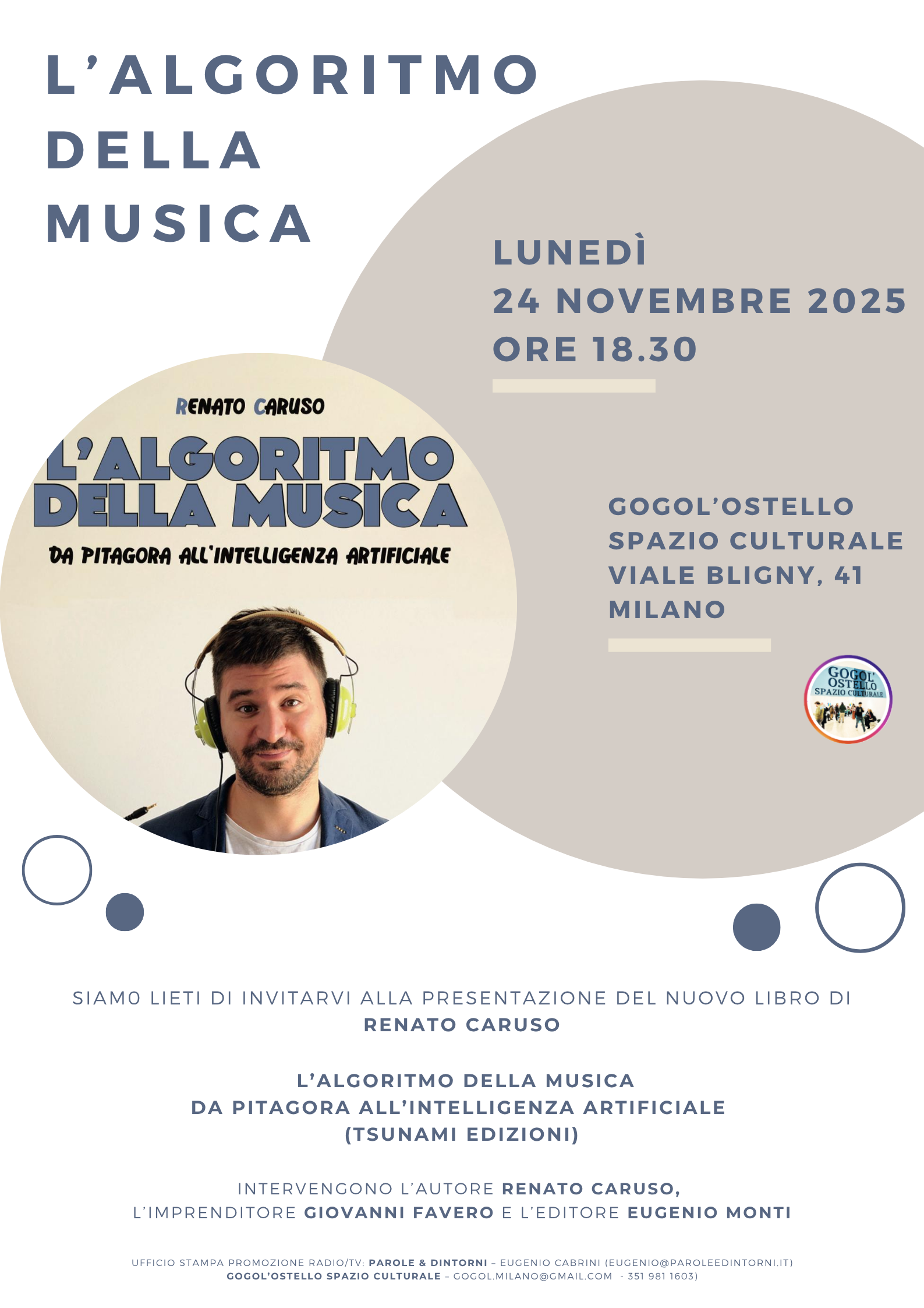 Lunedì 24 novembre a Milano, presentazione del libro “L’ALGORITMO DELLA MUSICA – Da Pitagora all’Intelligenza Artificiale” di RENATO CARUSO