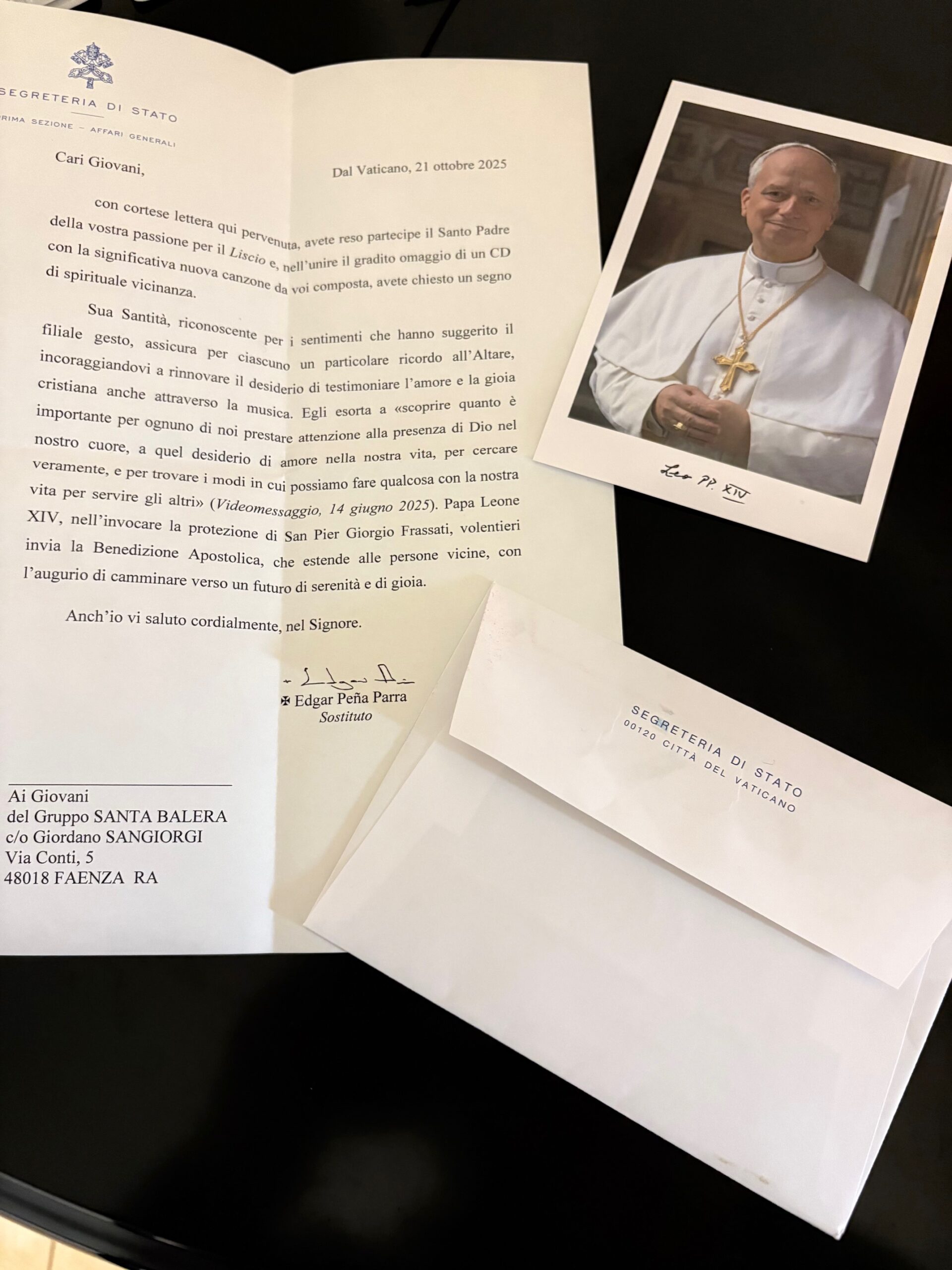 PAPA LEONE XIV RINGRAZIA E BENEDICE CON UNA LETTERA I SANTA BALERA