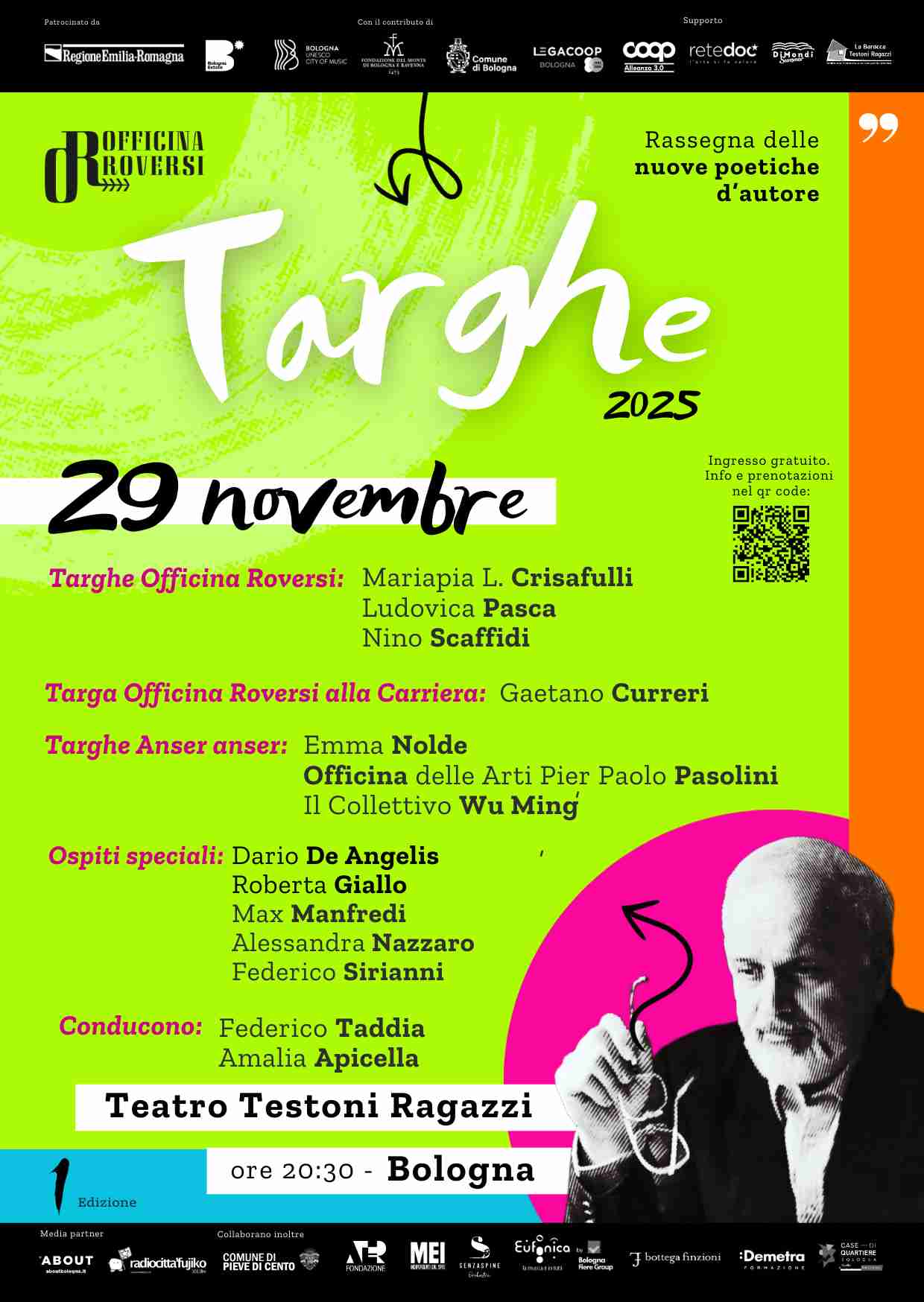 TARGHE OFFICINA ROVERSI 2025_Il 29 novembre a Bologna l’assegnazione delle targhe. Targa speciale alla carriera a Gaetano Curreri