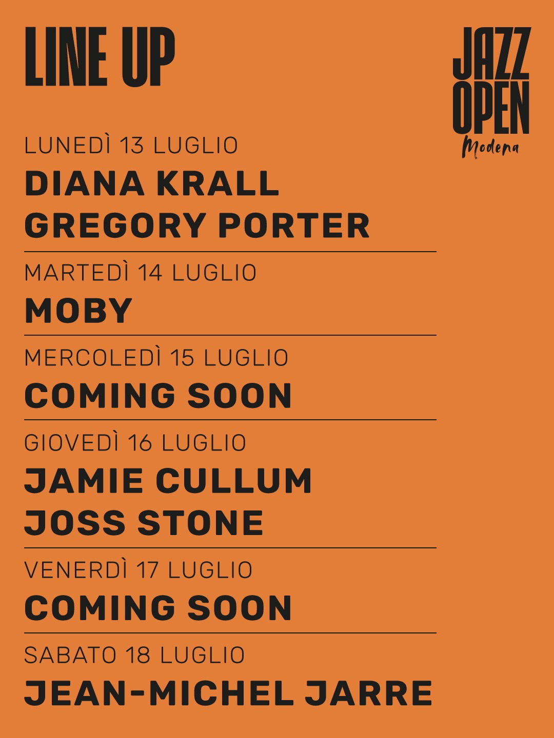 JAZZ OPEN Modena annuncia i primi nomi: MOBY, J-M JARRE, DIANA KRALL, GREGORY PORTER, JAMIE CULLUM e JOSS STONE, dal 13 al 18 luglio