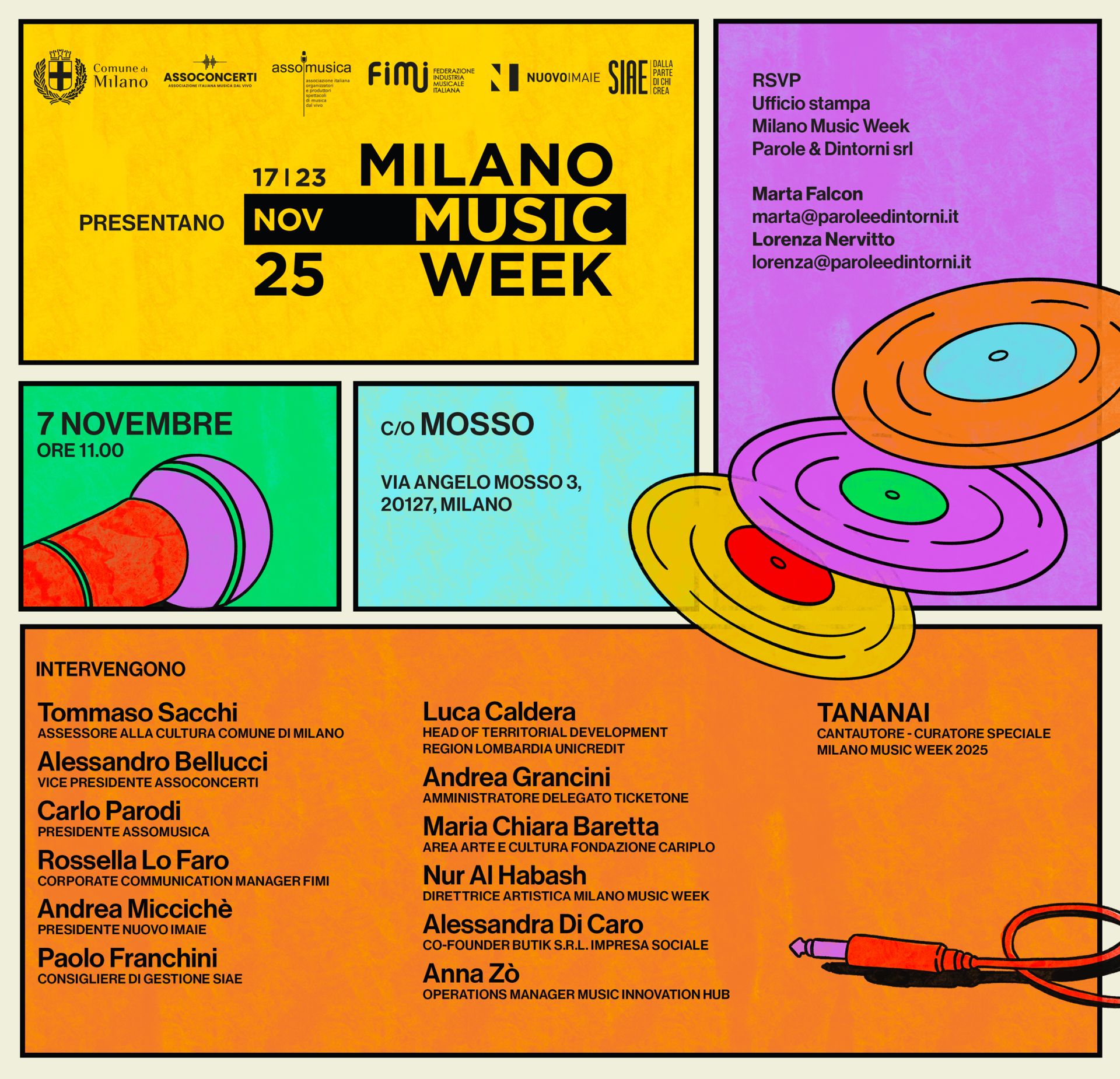 Domani, venerdì 7 novembre, presentazione MILANO MUSIC WEEK 2025 (17-23 novembre) presso MOSSO (Via Mosso 3 – Milano), alle ore 11.00, con TANANAI (curatore speciale MMW 2025) e altri relatori
