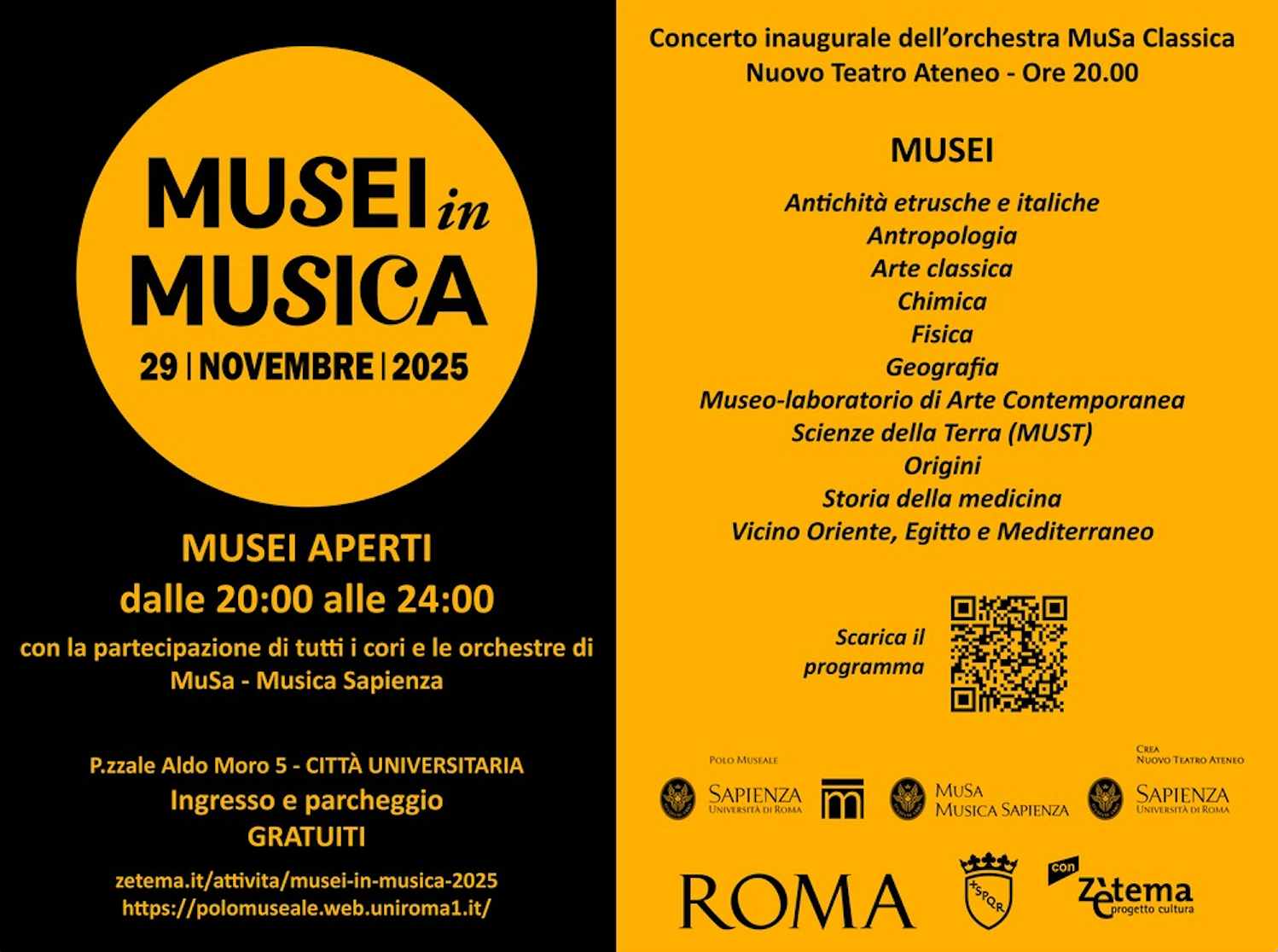 MUSEI IN MUSICA 2025 promosso dal Polo Museale Sapienza | Sabato 29 novembre 2025 | Dalle 20.00 alle 24.00 | Roma