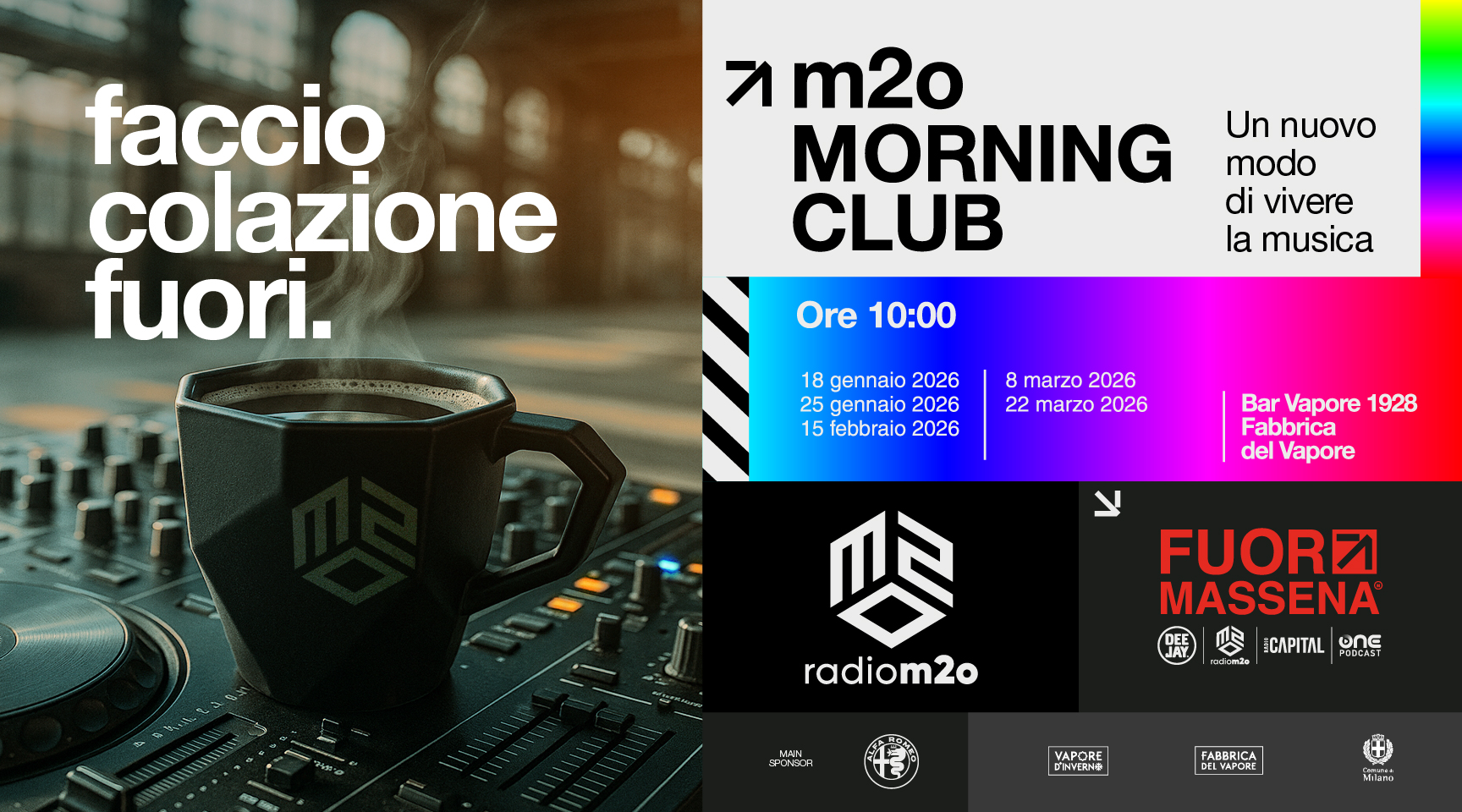 m2o MORNING CLUB, il soft clubbing arriva a Milano con Radio m2o: dal 18 gennaio cinque domeniche mattina con musica e buon cibo alla Fabbrica del Vapore