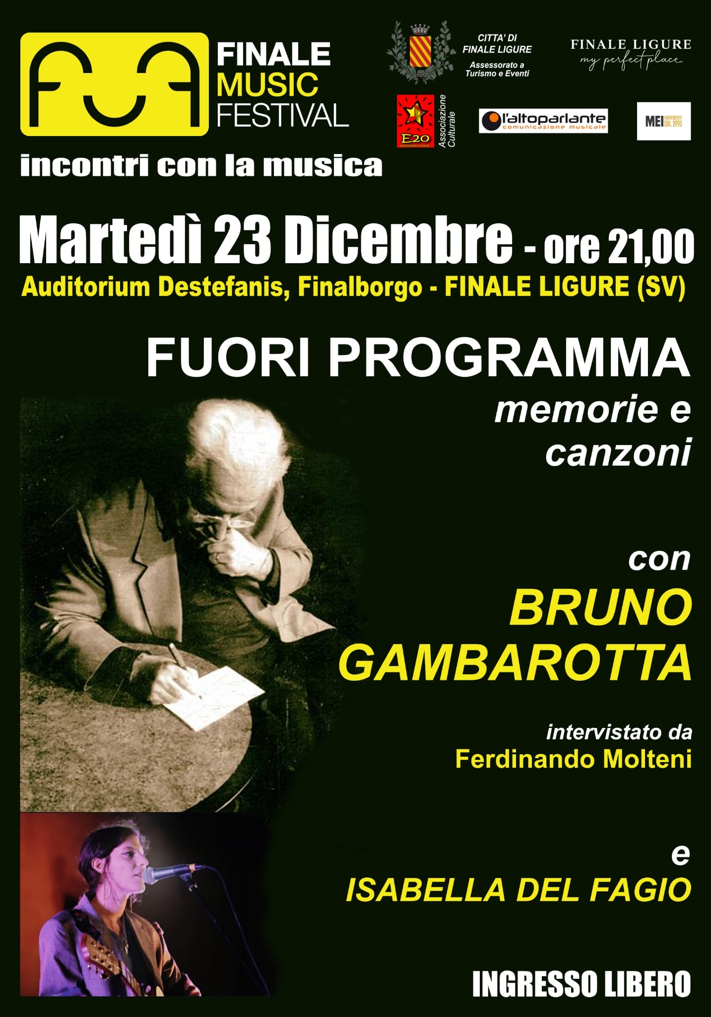 La cantautrice faentina Isabella Del Fagio il 23 dicembre a Finalborgo di Finale Ligure con lo scrittore Bruno Gambarotta