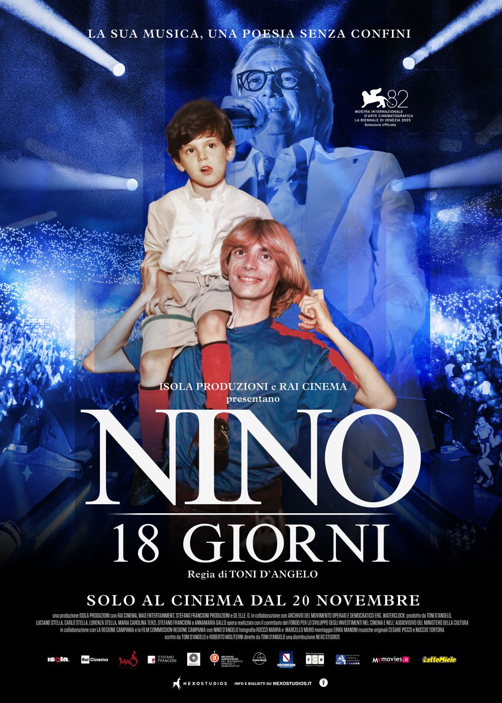 A grande richiesta dopo aver portato in sala 20.000 spettatori “NINO. 18 GIORNI”, il film documentario su Nino D’Angelo, diretto dal figlio Toni D’Angelo prosegue la sua programmazione in Campania con nuove proiezioni a partire dal 4 dicembre