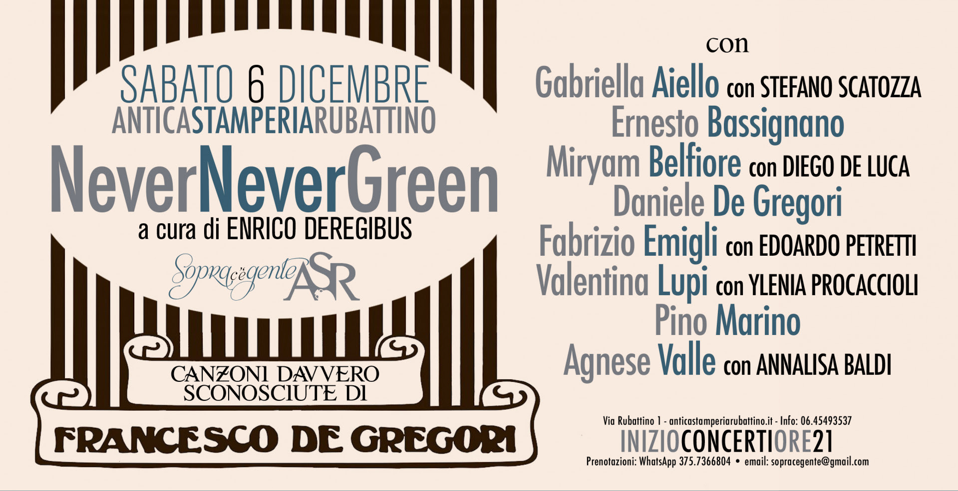 Francesco De Gregori: una serata a Roma sulle sue canzoni meno note a cura di Enrico Deregibus