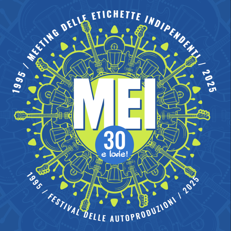 Logo ufficiale del MEI – Meeting delle Etichette Indipendenti 2025, con scritta “MEI 30 e lode”, strumenti musicali stilizzati disposti in cerchio e indicazione dei 30 anni del festival delle autoproduzioni, dal 1995 al 2025.
