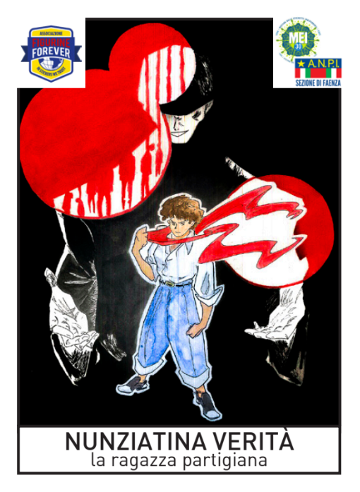 Illustrazione della figurina solidale di Nunziatina Verità, partigiana faentina, raffigurata come giovane donna simbolo della Resistenza, Le Figurine della Memoria numero 18