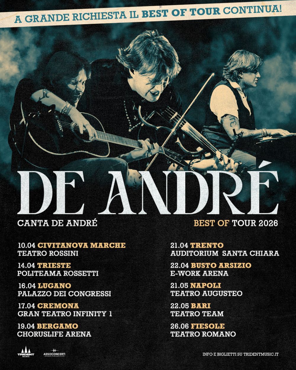 Da aprile CRISTIANO DE ANDRÉ sarà in concerto in tutta Italia con “DE ANDRÉ CANTA DE ANDRÉ BEST OF TOUR 2026”, un omaggio al padre Fabrizio e alle sue canzoni impresse nella memoria collettiva e ancora estremamente attuali.