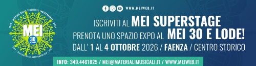 Banner MEI 2026 con iscrizioni al MEI Superstage e spazi expo per MEI 30 e lode a Faenza.