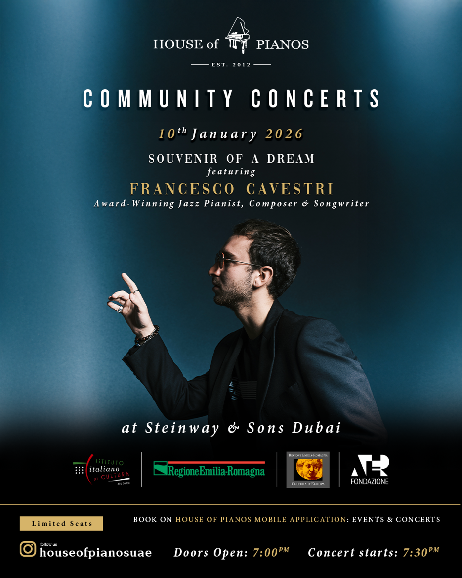 FRANCESCO CAVESTRI: sabato 10 gennaio in concerto a DUBAI. Al via il TOUR INTERNAZIONALE che toccherà le grandi capitali della musica