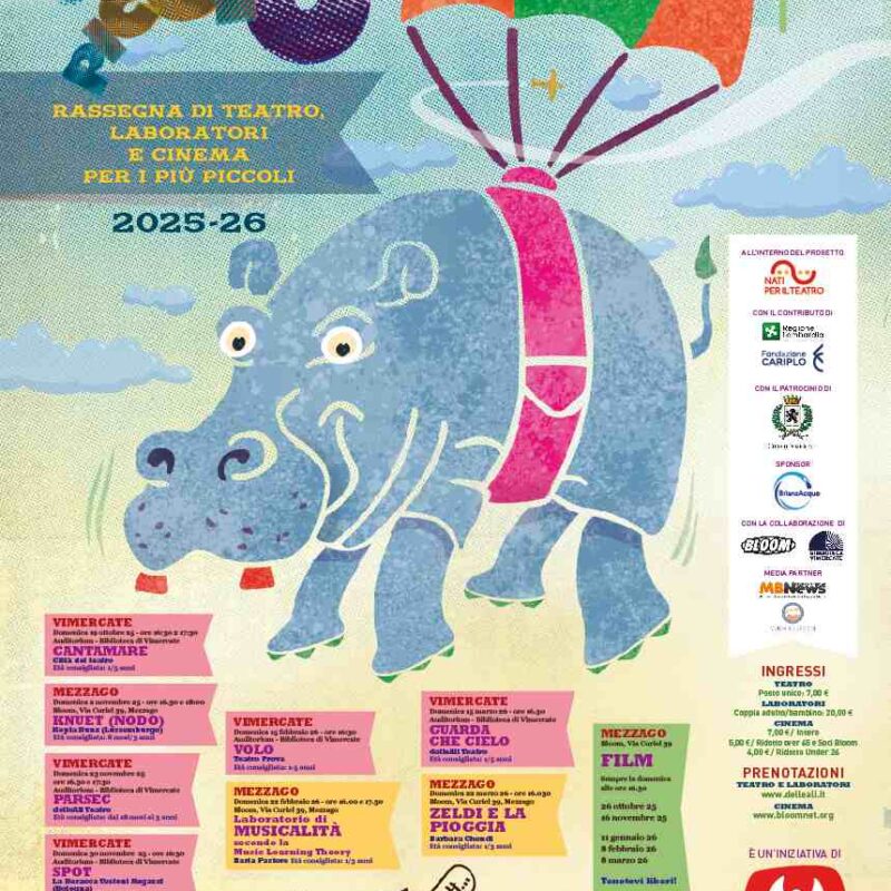 Locandina “Piccino Picciò” 2025-26, rassegna di teatro, laboratori e cinema per bambini con illustrazione di ippopotamo con paracadute colorato e programma eventi a Vimercate e Mezzago.
