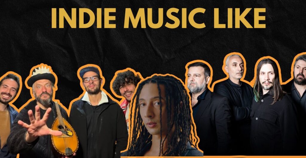 Immagine promozionale della classifica Indie Music Like con il titolo in evidenza e i ritratti degli artisti protagonisti, tra cui Ghali al centro, affiancato da Calibro 35, España Circo Este e altri musicisti della scena indipendente italiana.