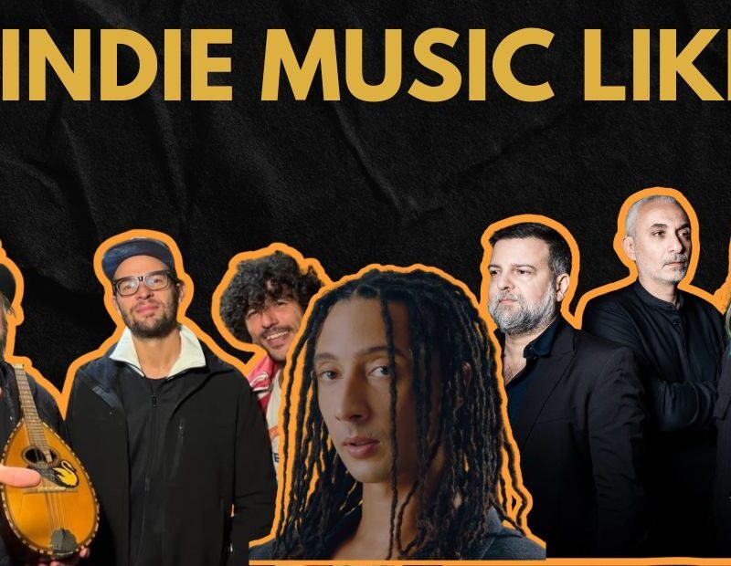 Immagine promozionale della classifica Indie Music Like con il titolo in evidenza e i ritratti degli artisti protagonisti, tra cui Ghali al centro, affiancato da Calibro 35, España Circo Este e altri musicisti della scena indipendente italiana.
