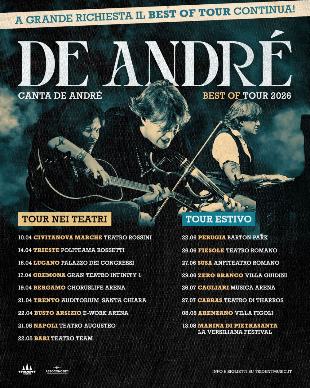 A grande richiesta si aggiungono 7 nuove date estive al “DE ANDRÉ CANTA DE ANDRÉ BEST OF TOUR 2026”, il tour di CRISTIANO DE ANDRÉ che ha già emozionato migliaia di spettatori e che lo porterà a esibirsi in tutta Italia con un omaggio al padre Fabrizio