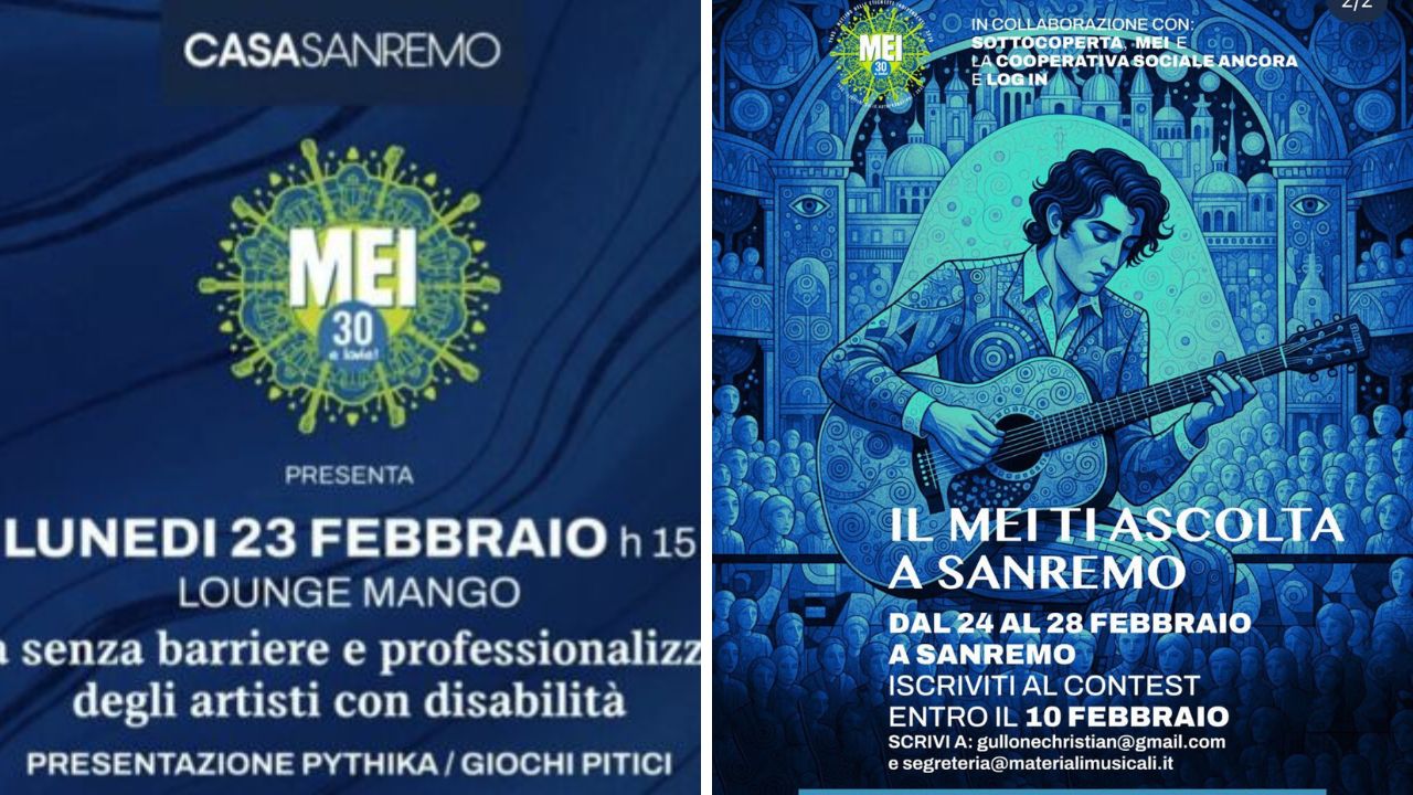 Il MEI a Sanremo: il 23 febbraio con Ministra Locatelli, Pythika e Il Mio Cantico Libero, dal 24 al 28 febbraio il MEI ti ascolta a Sanremo, iscriviti al contest entro il 10 febbraio