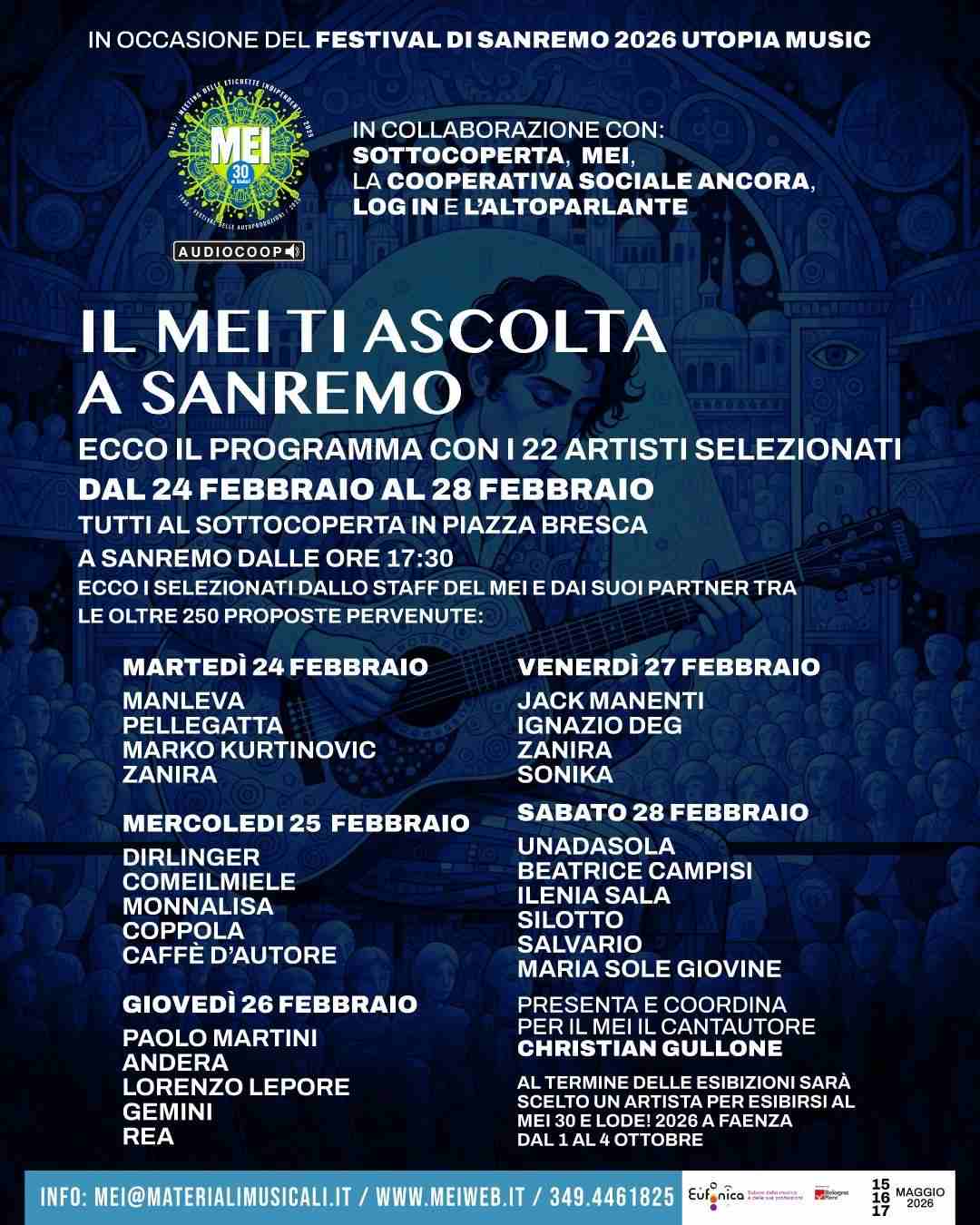 Il MEI a Sanremo dal 24 al 28 Febbraio con una Rassegna Indipendente di ben 22 Artisti Emergenti