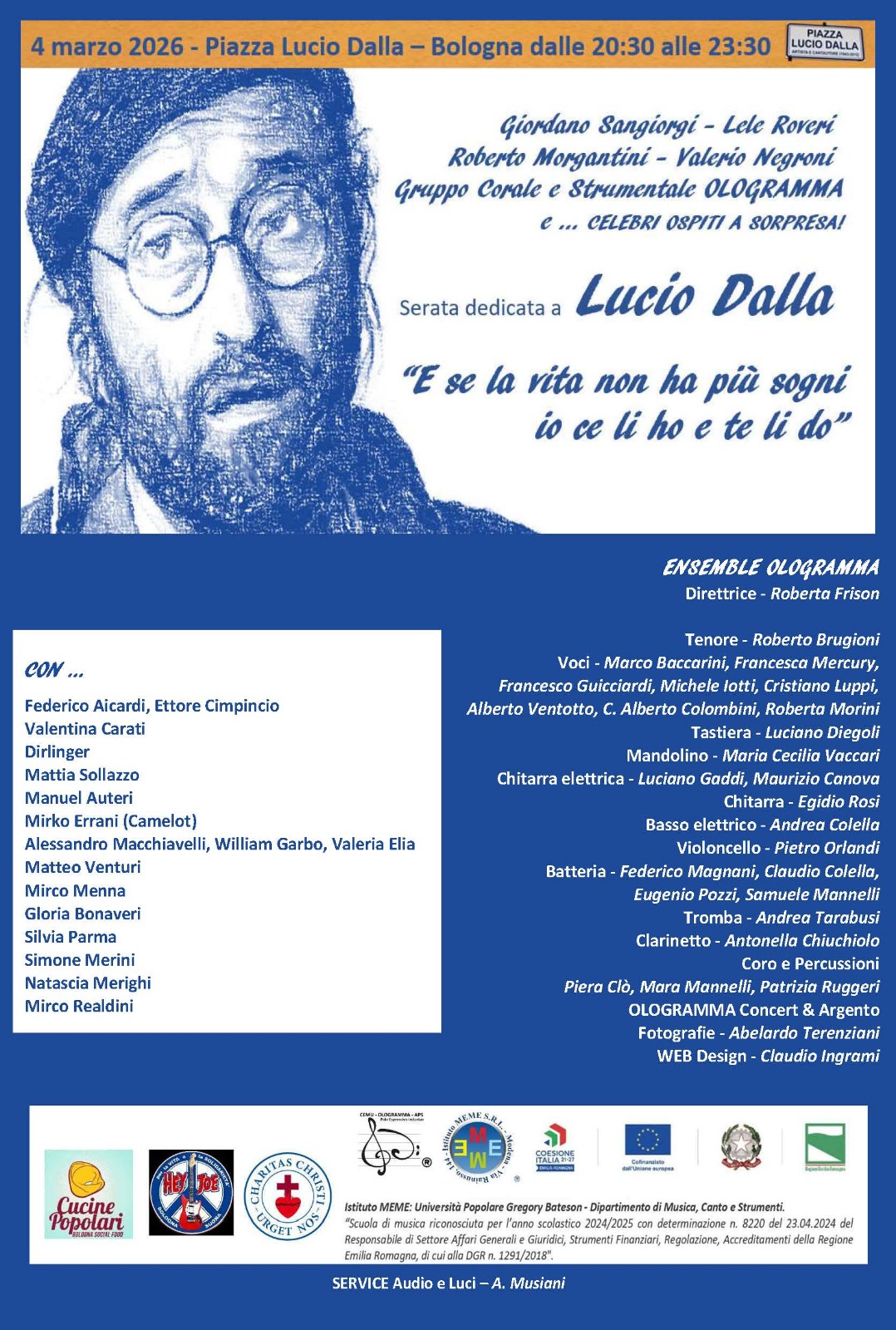 Bologna celebra Lucio Dalla: il 4 marzo una serata speciale in Piazza Lucio Dalla  Bologna rende omaggio a uno dei suoi artisti più amati con una serata evento dedicata a Lucio Dalla.
